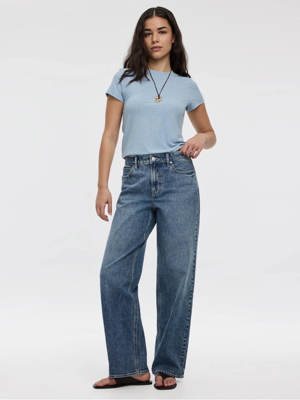 Dynamite Light Blue Tee with Medium Wash Wide-Leg Jeans